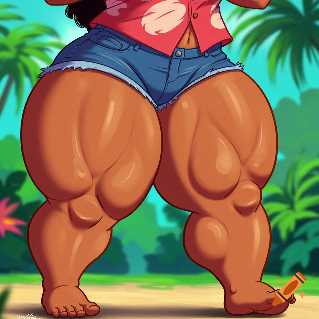 Close-up illustration of a woman with large muscular thighs, wearing denim shorts and a shirt, standing in a tropical setting.