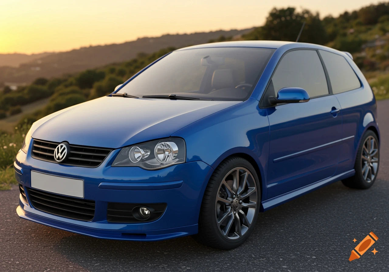 Blue Volkswagen Polo mk5 car parked on a road at sunset.