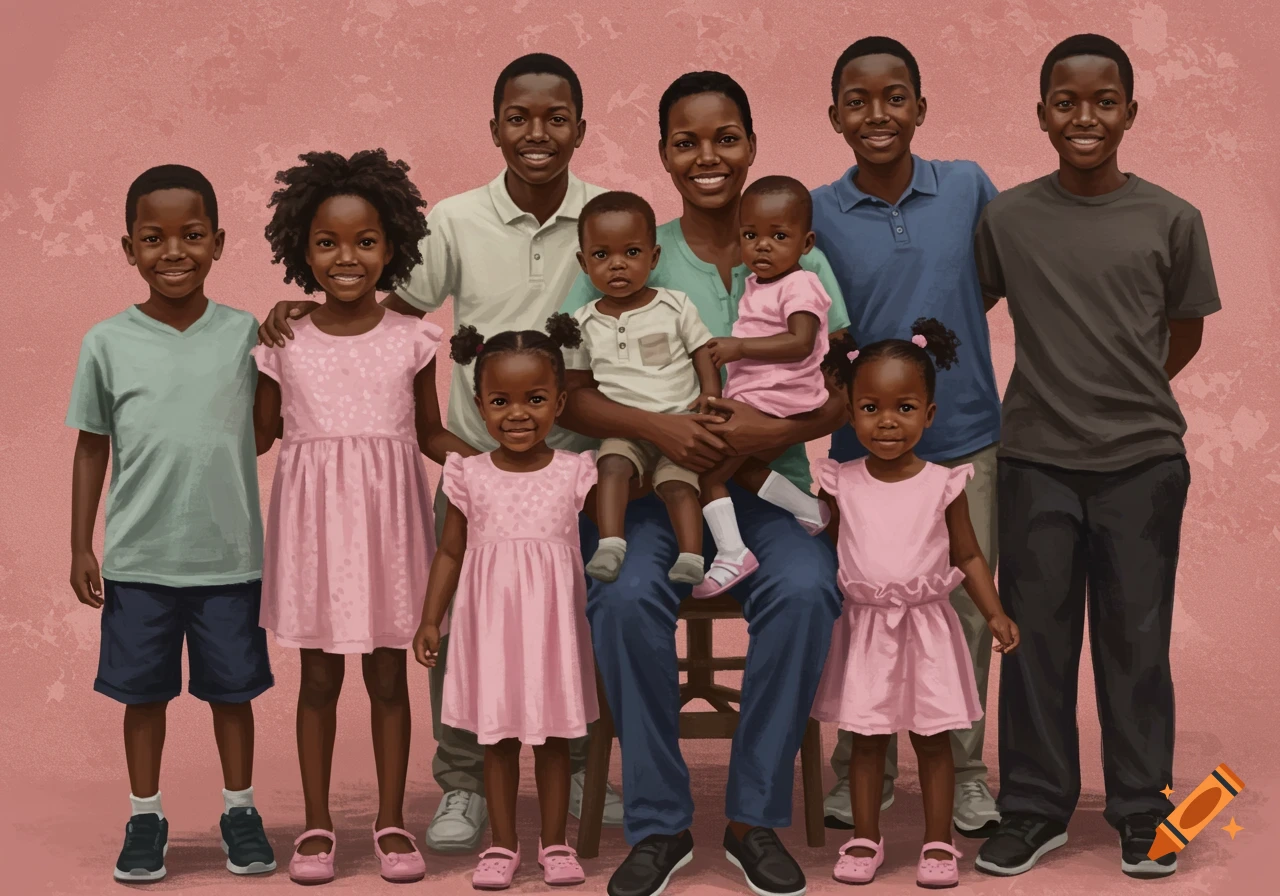 An illustration of a large Black family, including parents and seven children of various ages, posing for a portrait.