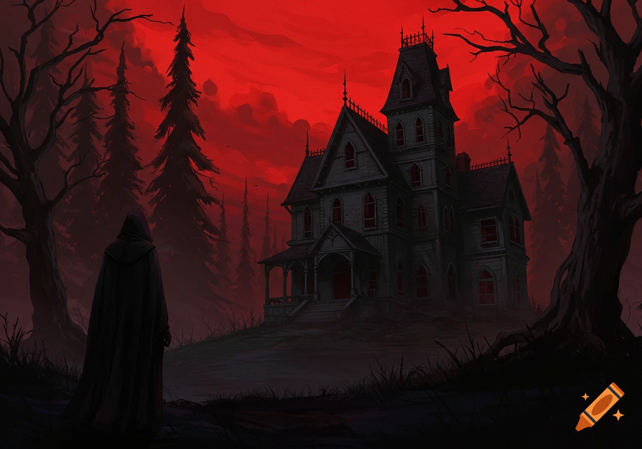 Cloaked figure faces a haunted house under a blood-red sky, dark fantasy illustration.