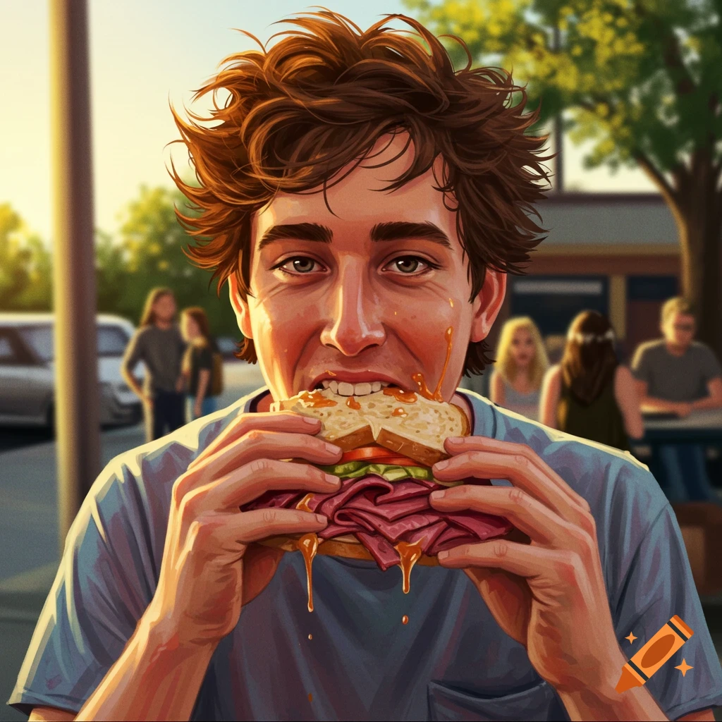 Man enthusiastically eating a messy sandwich with drips.