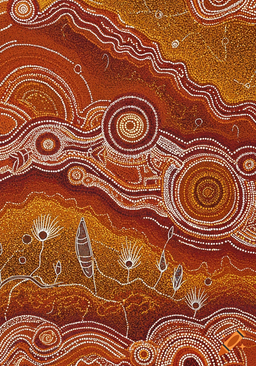 Abstract aboriginal dot painting with earthy colors, swirls, and organic shapes.