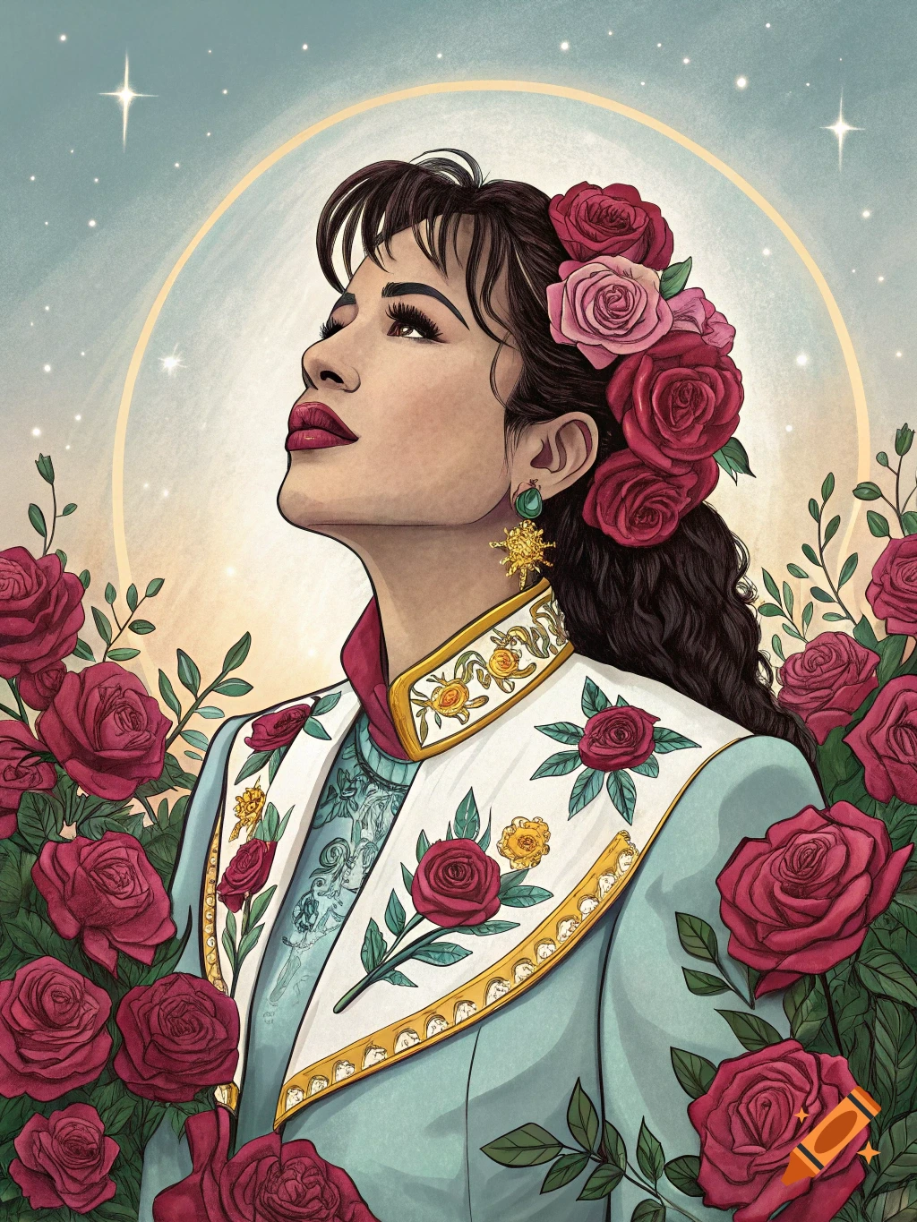 Stylized portrait of Selena Quintanilla surrounded by red roses, looking upwards.