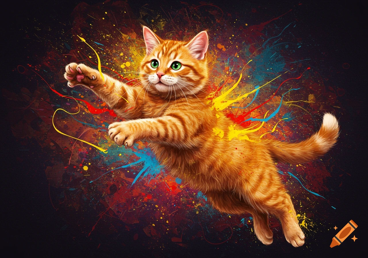 A vibrant painting of an orange tabby cat leaping through colorful paint splatters.