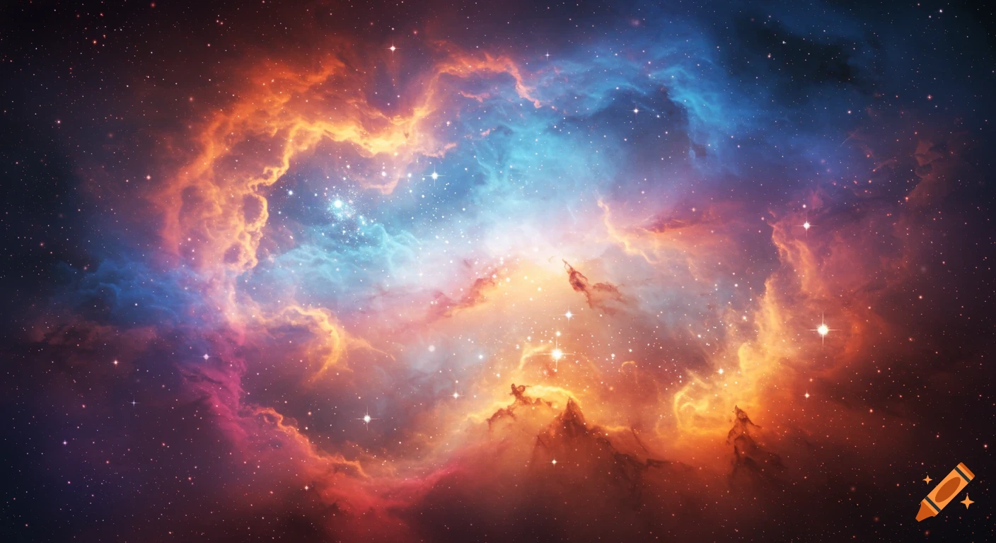 A vibrant space nebula swirls with hues of orange, red, blue, and purple, studded with bright stars.