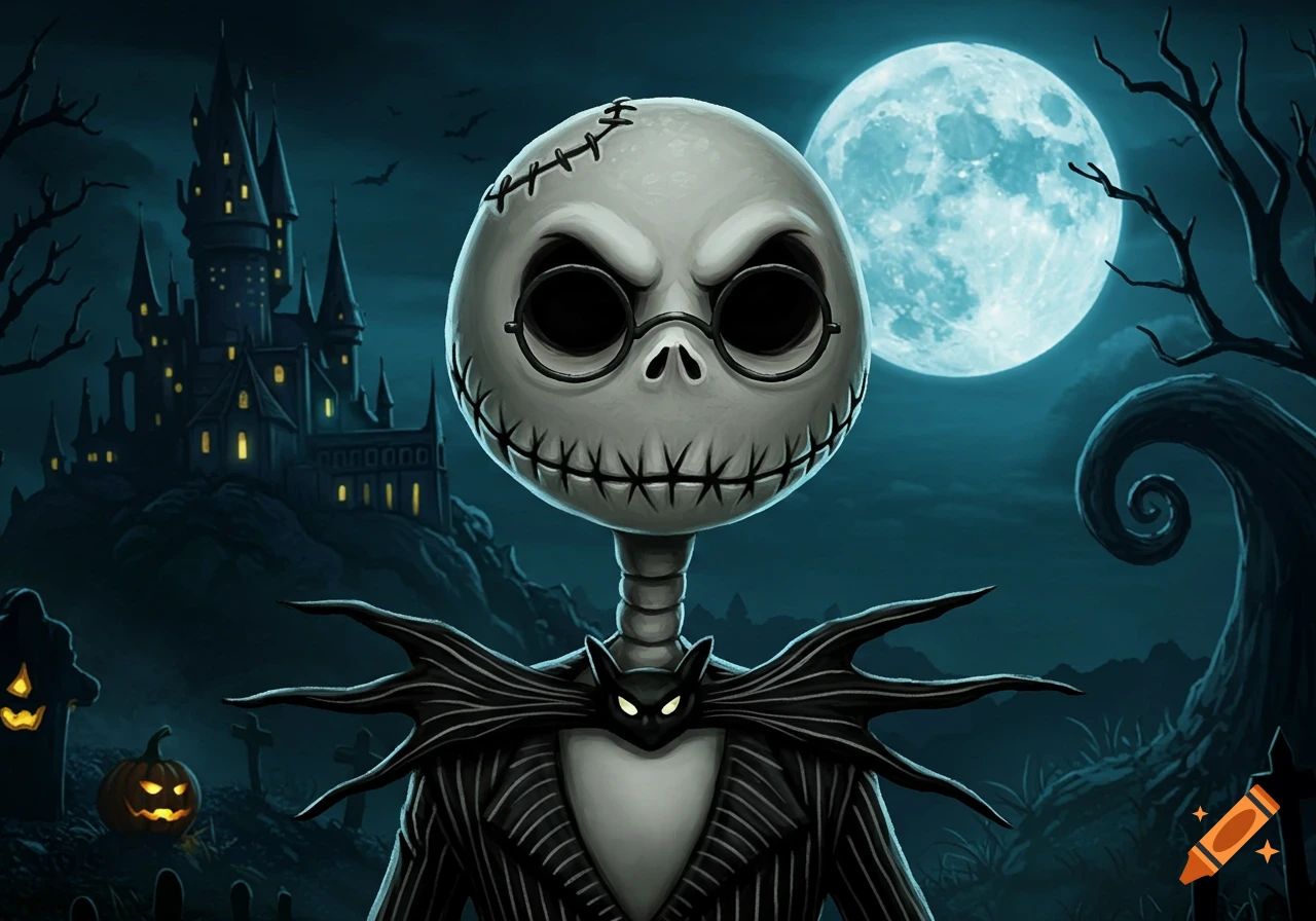 Cartoon skeletal character in pinstripe suit and glasses in a spooky graveyard with castle and full moon.