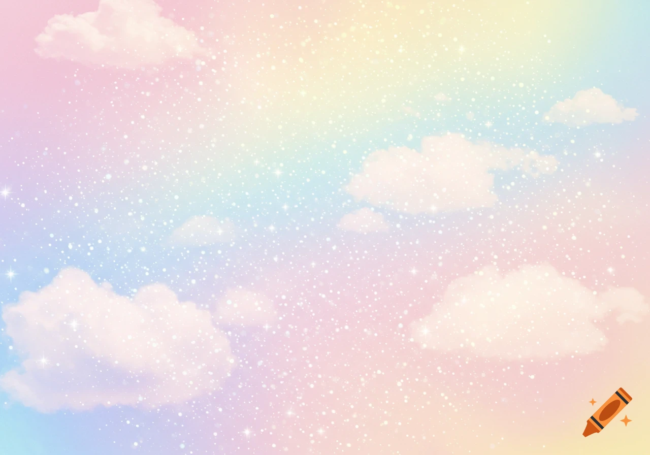 Pastel rainbow sky with clouds and sparkles.