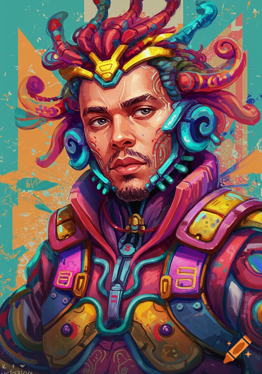 Portrait of a man in colorful futuristic gear, digital art