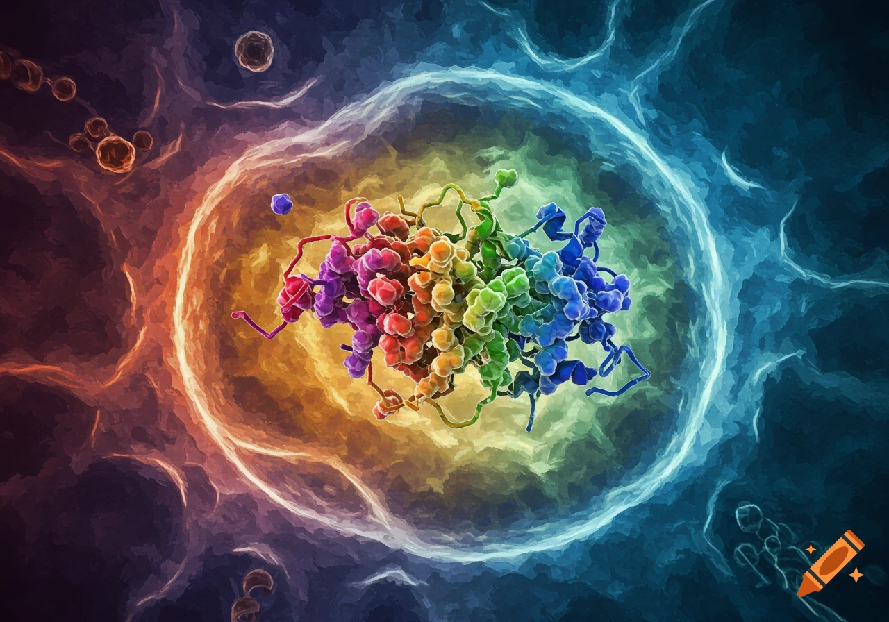 Colorful protein molecule inside a glowing cellular structure with abstract organic background.