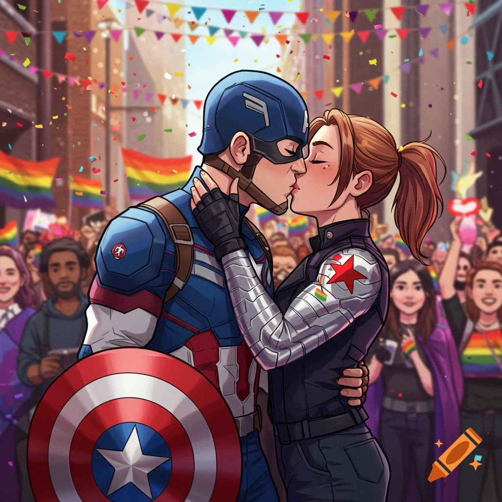 Cartoon style image of Captain America and Winter Soldier kissing at a pride parade.