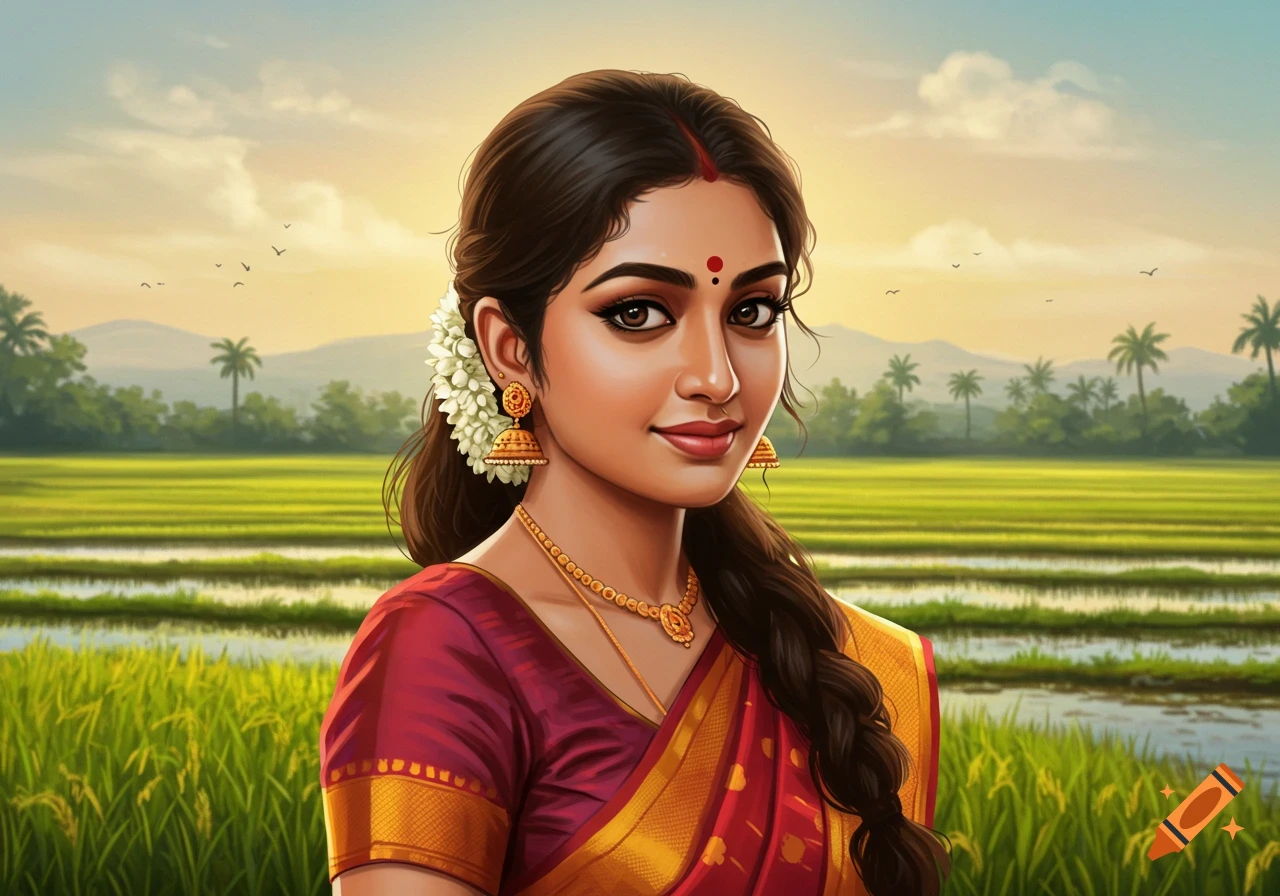 A smiling woman in a red and gold saree stands in a rice paddy field