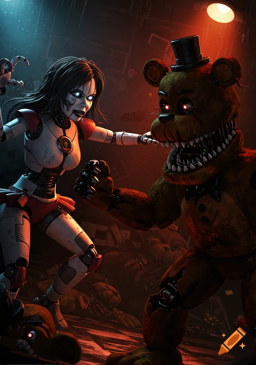 M3GAN robot fighting Freddy Fazbear animatronic in a dark, destroyed room.