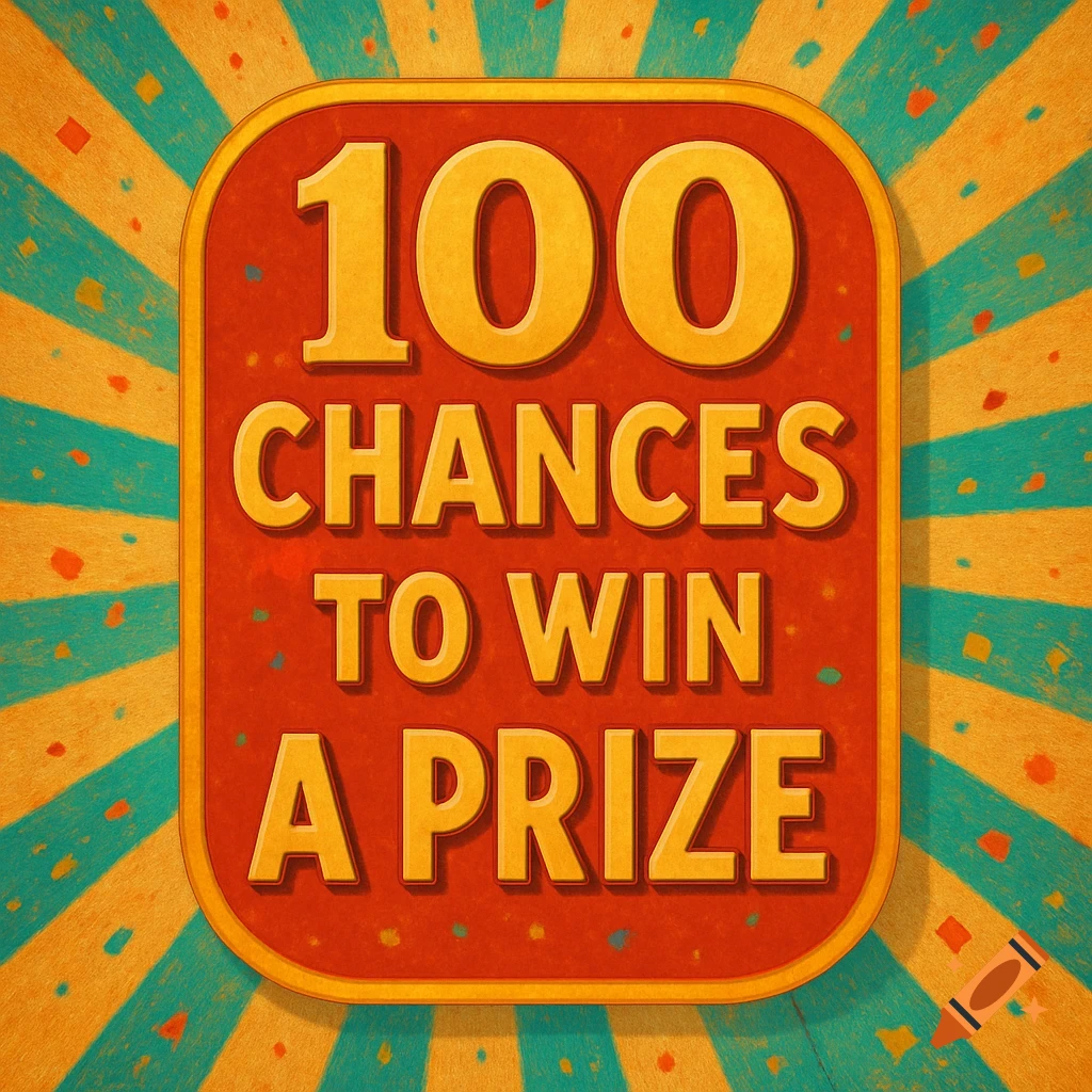 Retro sign with text 100 CHANCES TO WIN A PRIZE on a red background with yellow and teal stripes and confetti.