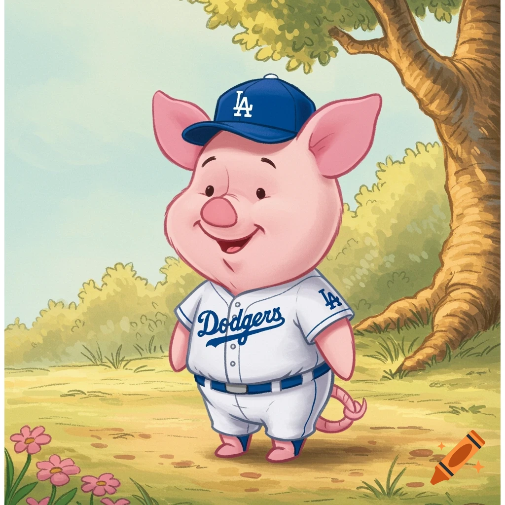 Cartoon piglet in LA Dodgers baseball uniform standing in a field.