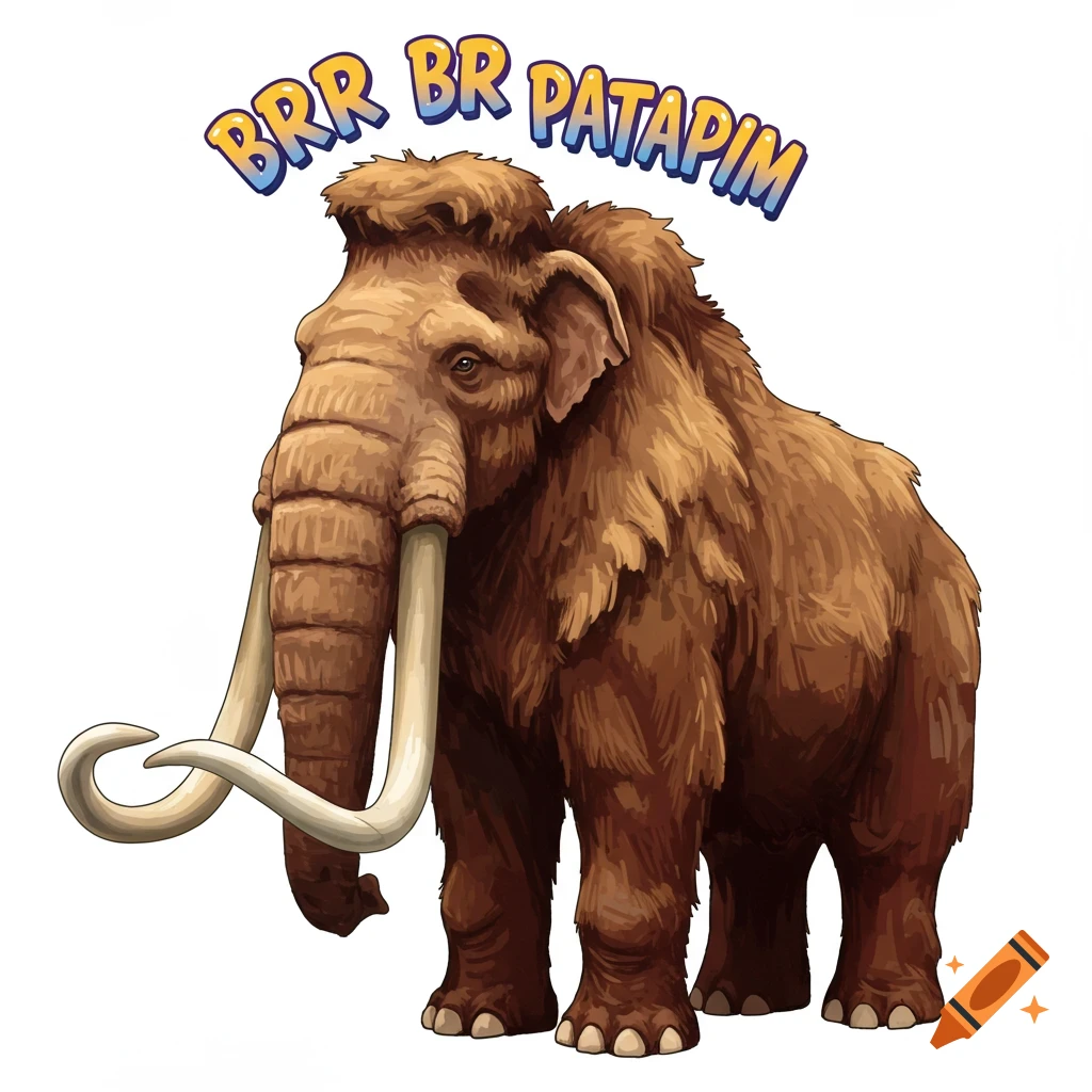 Cartoon illustration of a woolly mammoth on a white background with text above it.