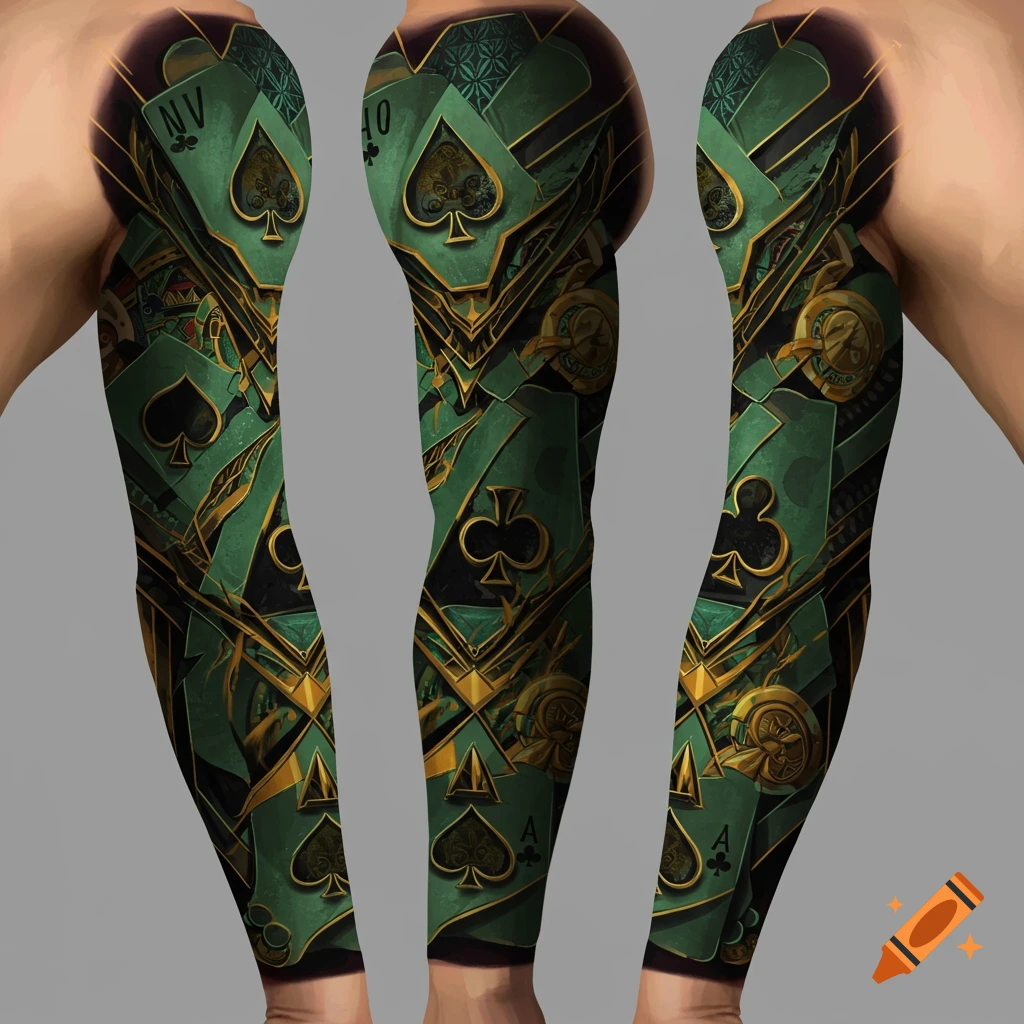 Detailed tattoo sleeve design featuring green and gold playing cards and gear elements.