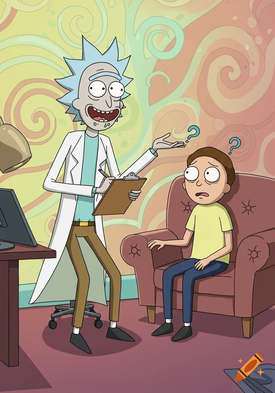 Rick Sanchez as a therapist talking to Morty in a cartoon style.