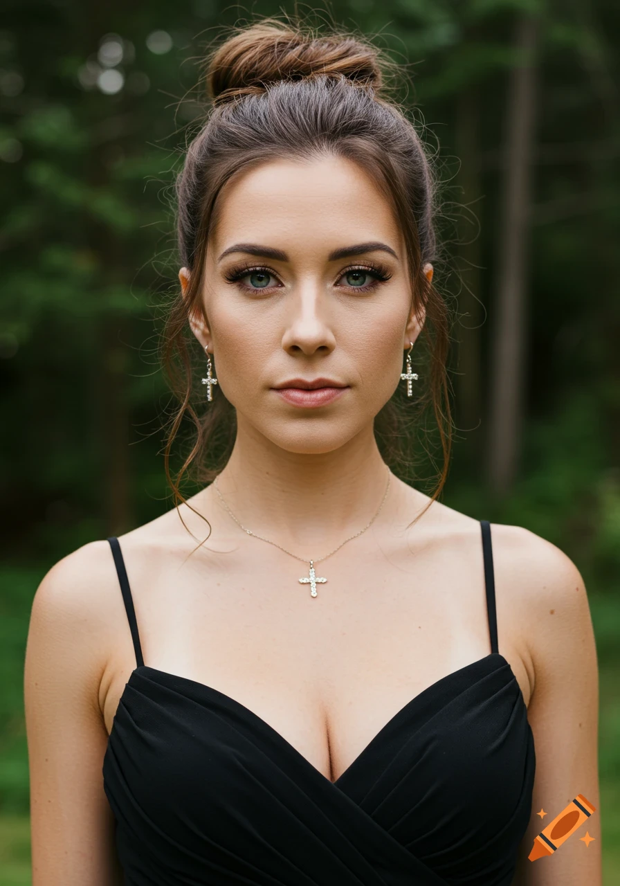 Close-up portrait of a woman with a messy bun, black dress, and cross jewelry outdoors.