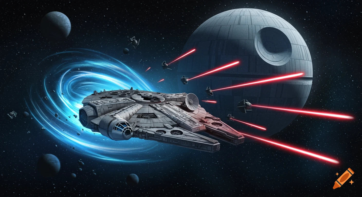The Millennium Falcon flies through a blue hyperspace vortex away from the Death Star firing red lasers in space.