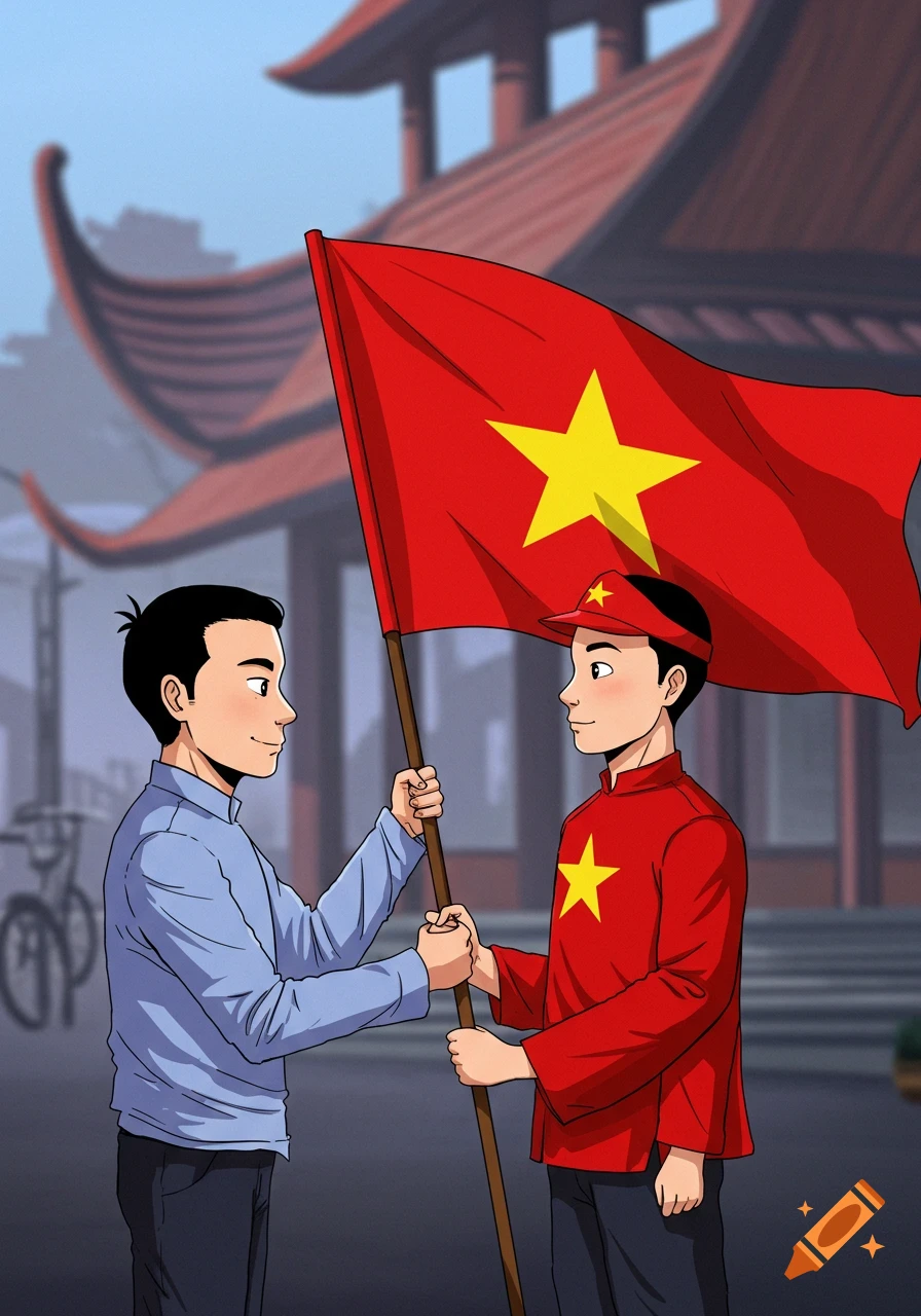 Two cartoon figures hold a red flag with a yellow star in front of a building.