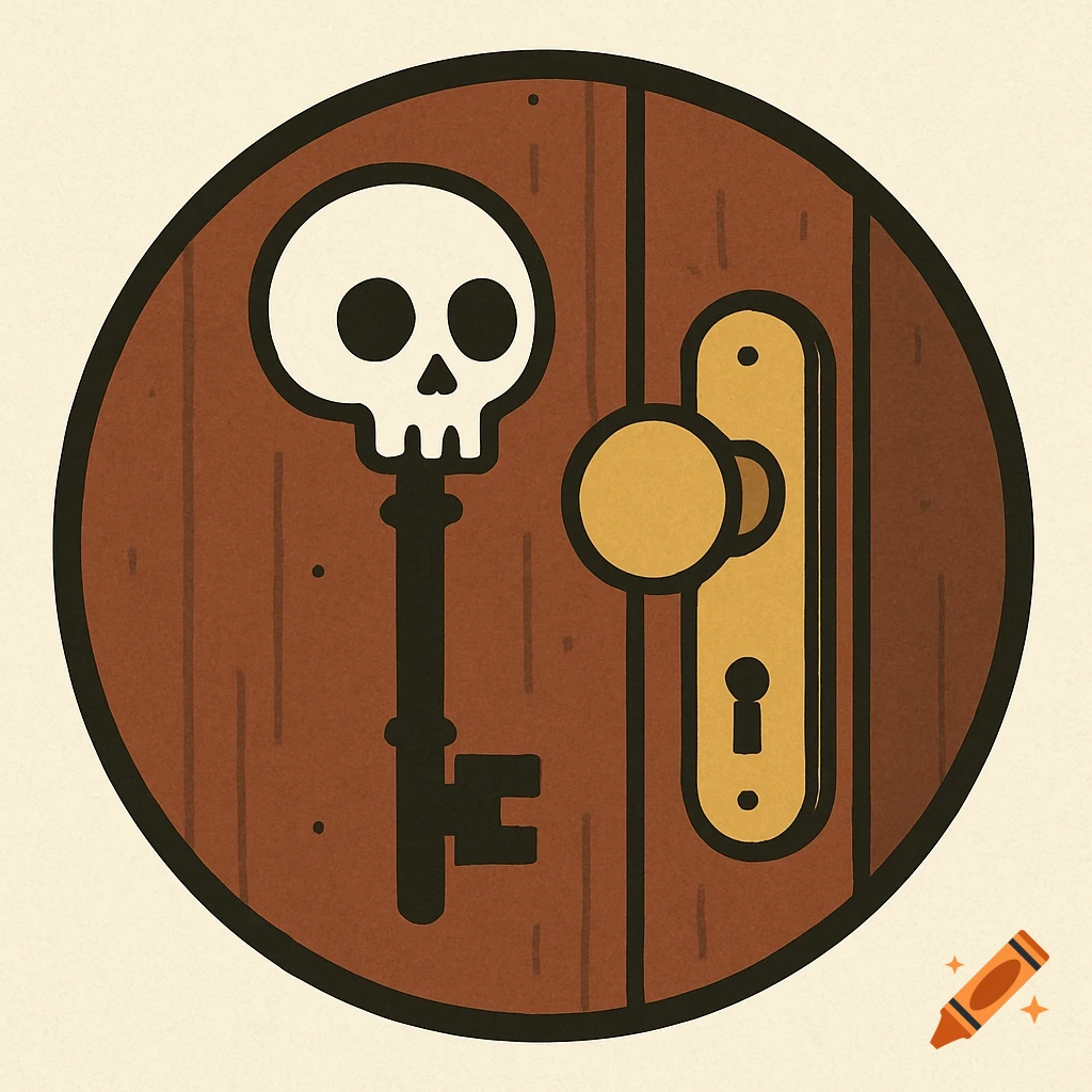 Circular badge illustration of a skull-topped key and a brass door handle on a wooden background.