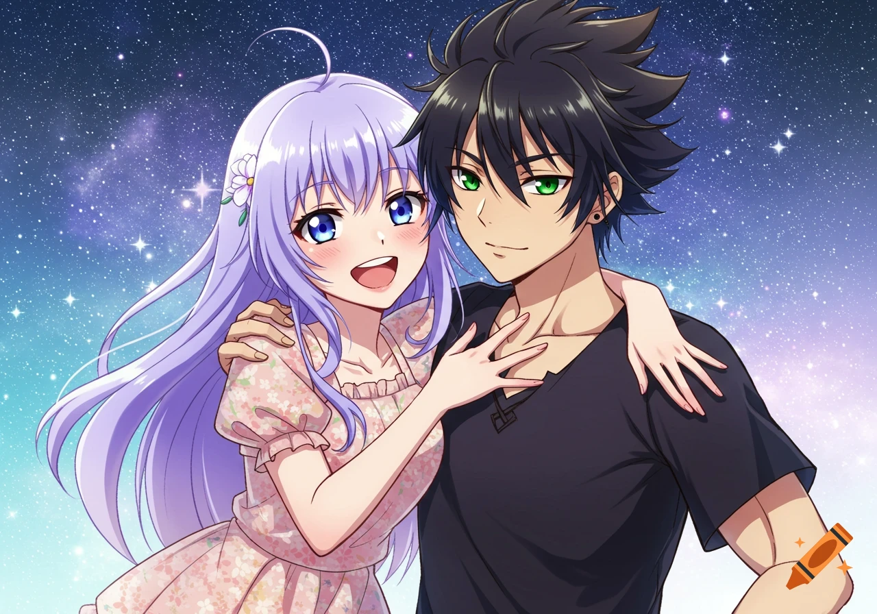 An anime couple embracing under a starry sky. The girl has purple hair and a floral dress, the boy has black hair.
