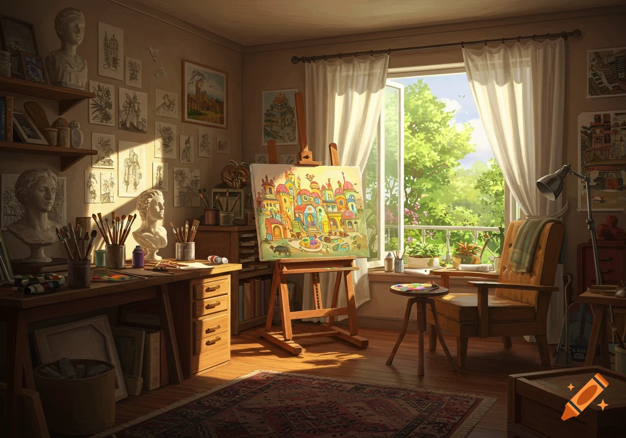 Sunny artist's studio with an easel displaying a colorful painting, plaster busts, drawings on the wall, and a window overlooking a garden.