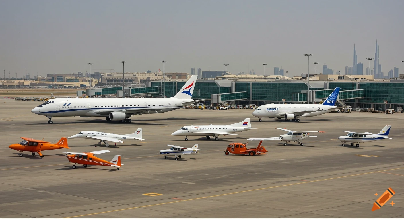 Various airplanes, including jets and small propeller planes, on an airport tarmac with terminal buildings and city skyline in the background.