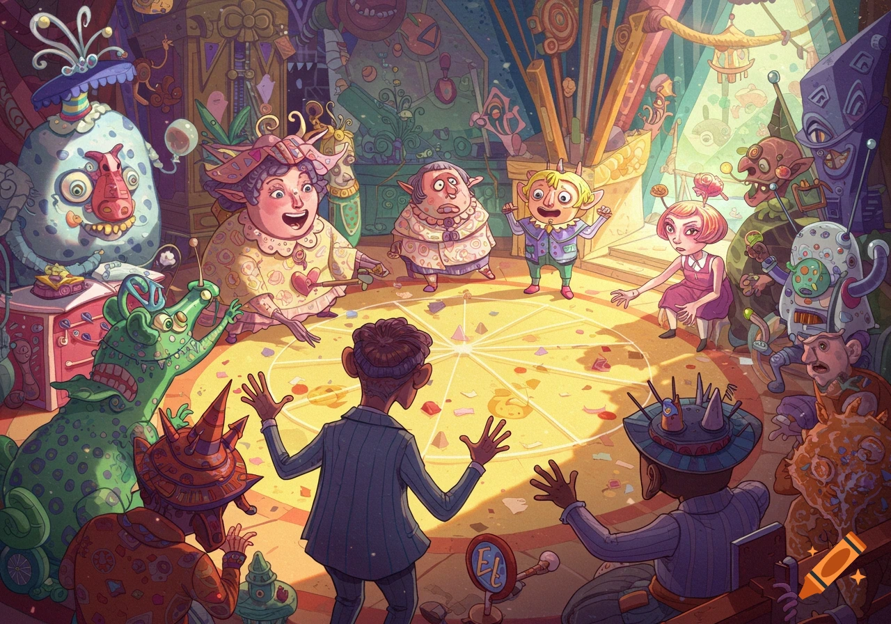Whimsical cartoon illustration of fantastical creatures and people playing a game in a colorful room.