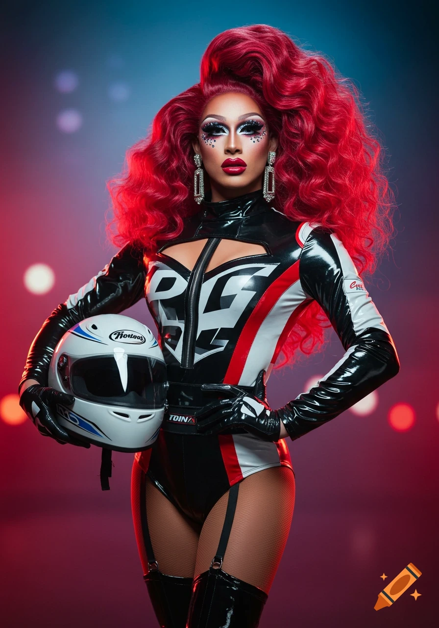 A drag queen in a black, white, and red speed racer suit holds a white helmet.