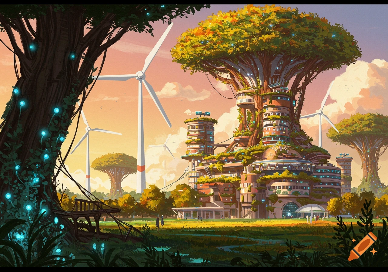 Vibrant solarpunk landscape with buildings integrated into giant trees, wind turbines, and greenery.