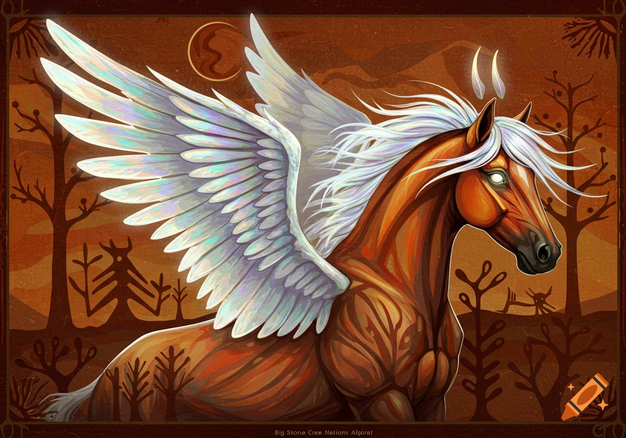 A Pegasus in a stylized landscape, rendered in an indigenous art style.