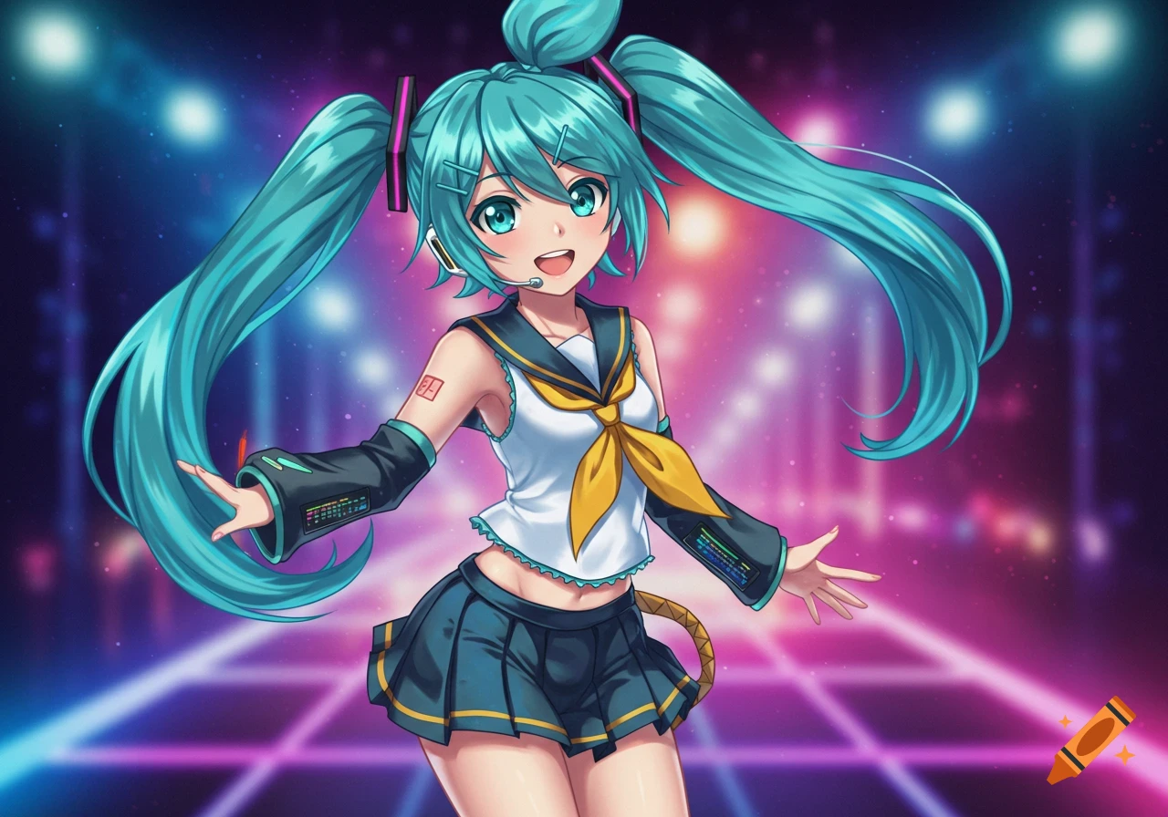 Anime girl with teal pigtails in a sailor uniform standing on a neon grid stage