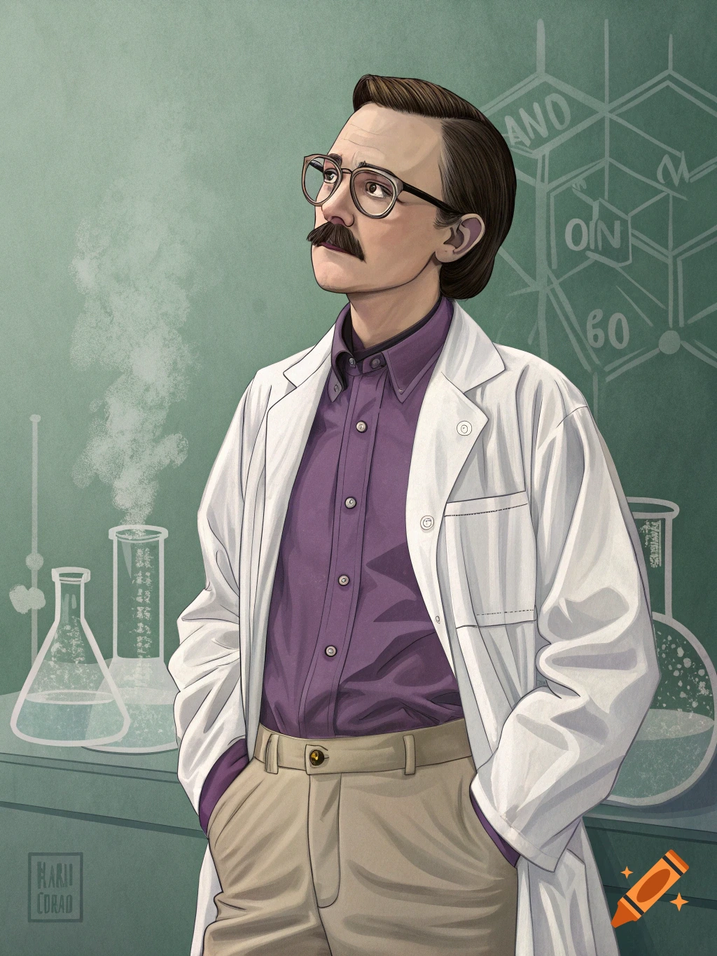 Illustration of a man in a lab coat and glasses in a laboratory with hands in pockets.