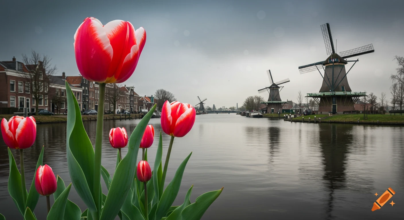 Close-up of red and white tulips by a canal with windmills and buildings under a cloudy sky in the Netherlands.