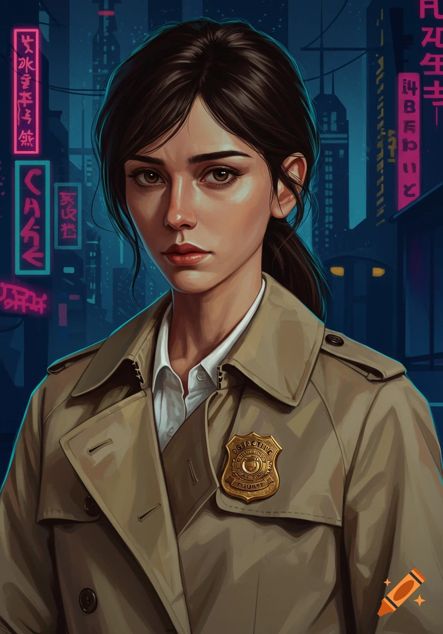 Illustration of a woman detective in a trench coat against a neon city background.