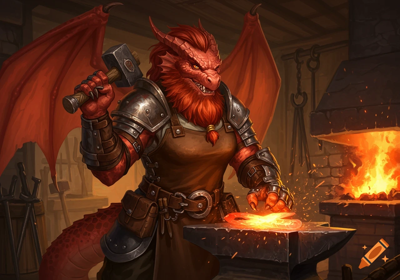 A red dragon creature, bearded and armored, works as a blacksmith, hammering hot metal on an anvil in a forge.