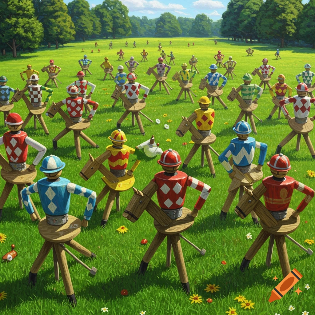 An army of wooden toy figures resembling lawn jockeys on hobby horses stand in a grassy field.