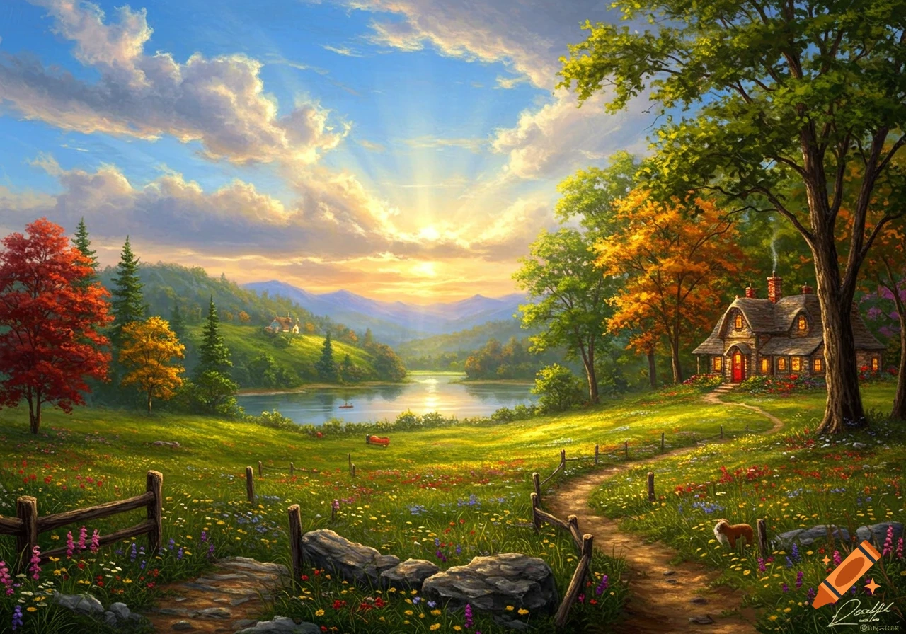 Sunny landscape with a cottage by a lake, pathway, trees, and flowers in a painterly style.
