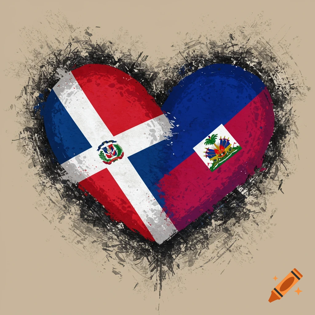 Heart shape with Dominican Republic and Haiti flags, distressed style.