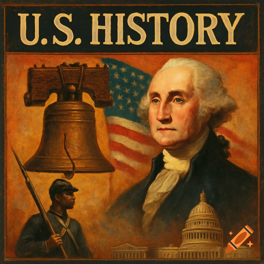 Painting collage with George Washington, Liberty Bell, US flag, soldier, and Capitol building, text 'U.S. HISTORY' at top.