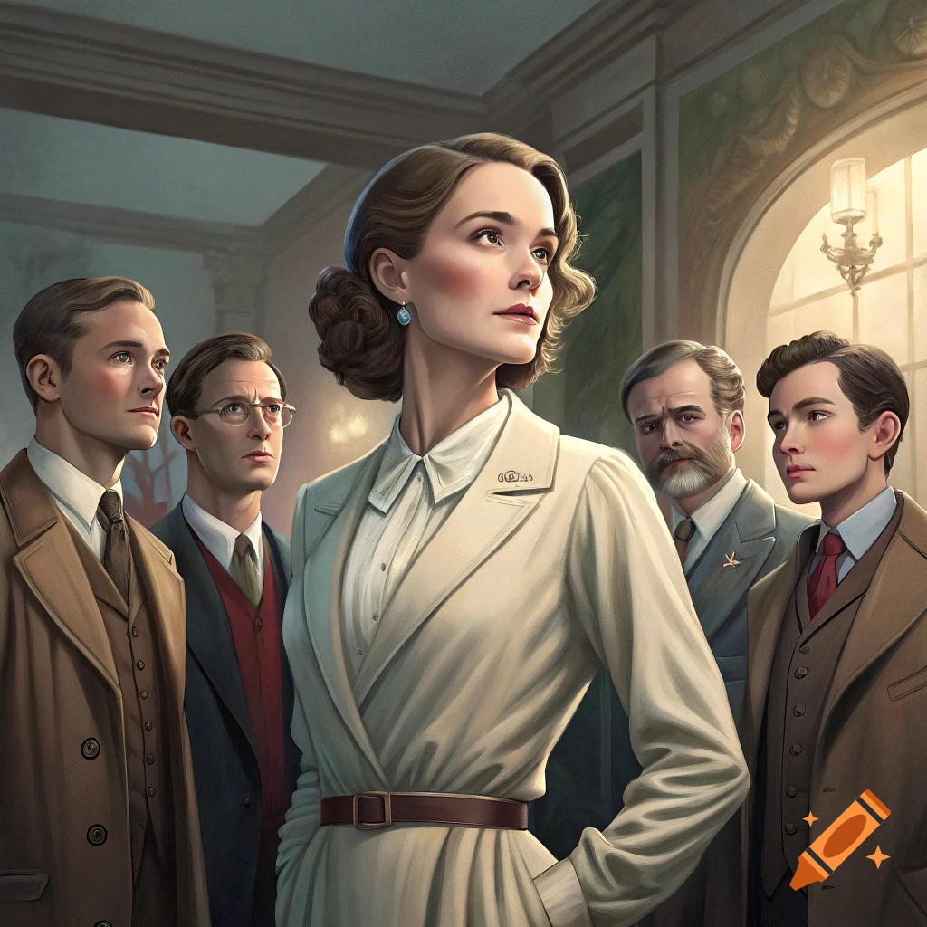 A woman in a cream coat stands with four men in suits, looking upward in a room.