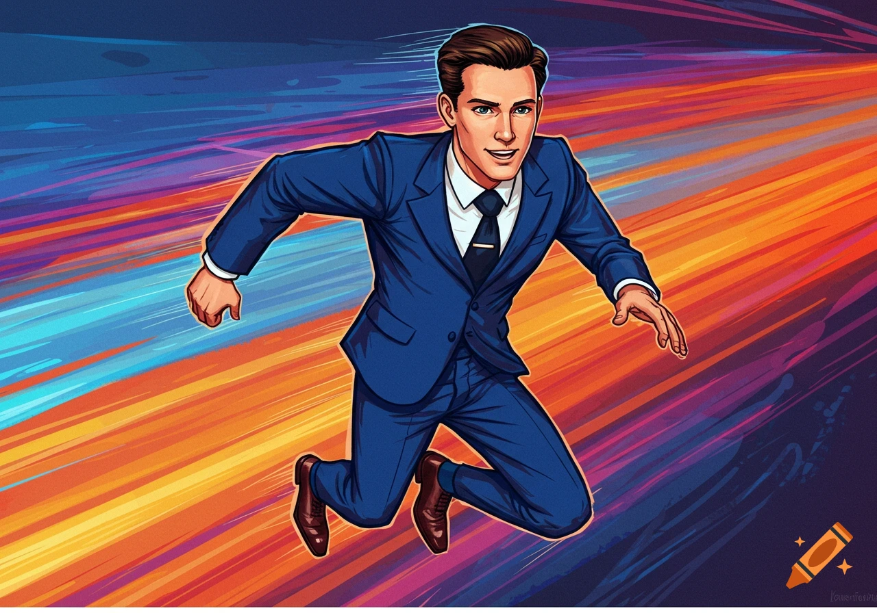 Stylized illustration of a man in a suit jumping against a dynamic, colourful speed lines background.