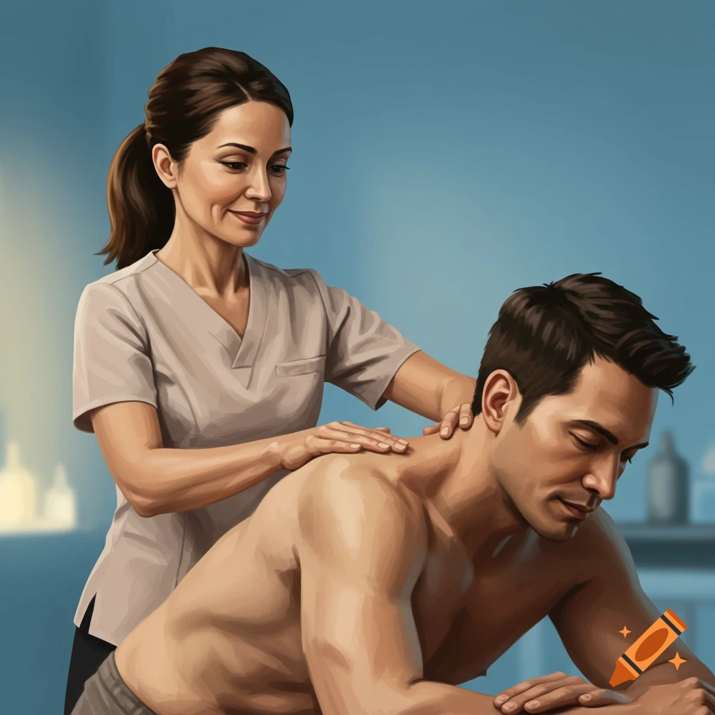 Woman in scrubs gives man a back massage in illustration style