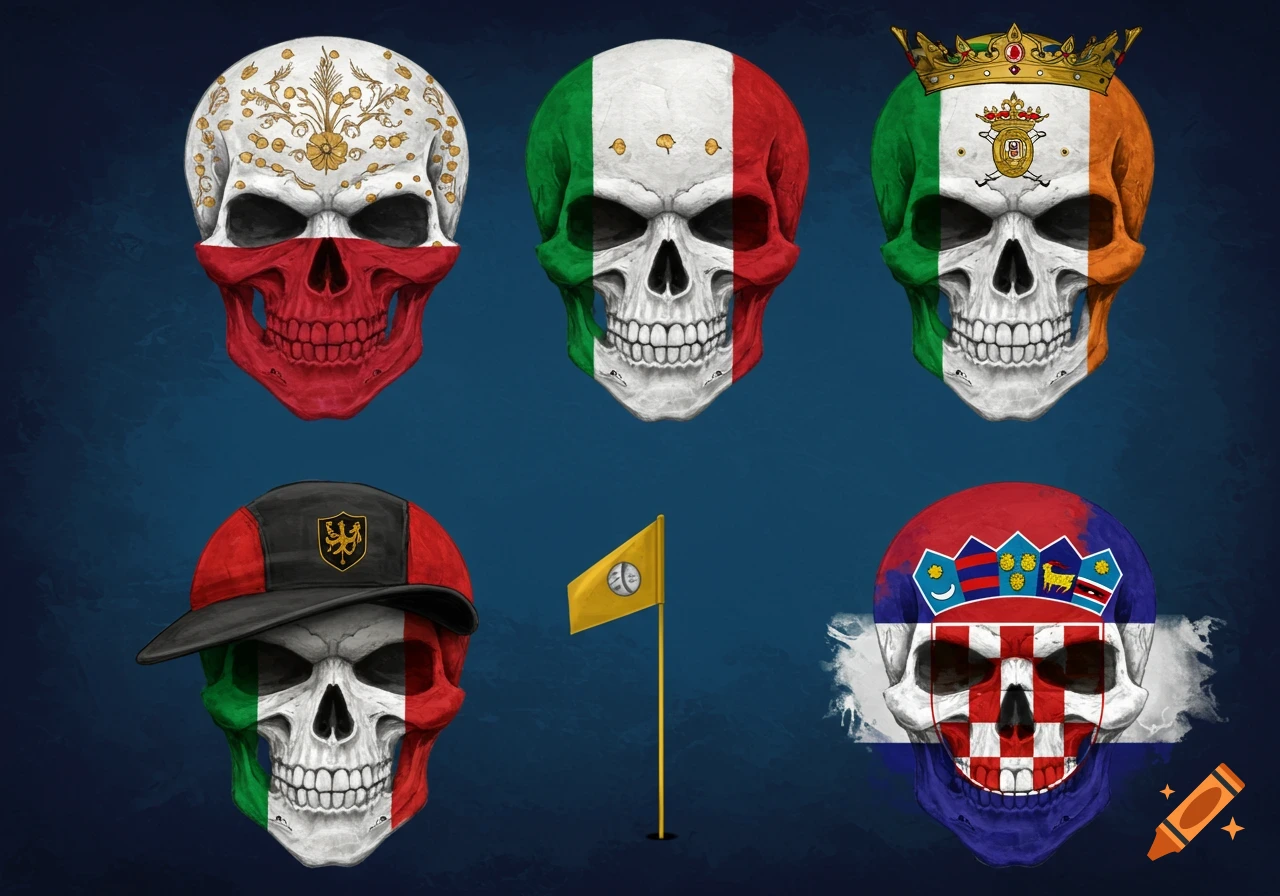 Stylized skulls adorned with the flags of Poland, Italy, Ireland, and Croatia, beside a golf flag.