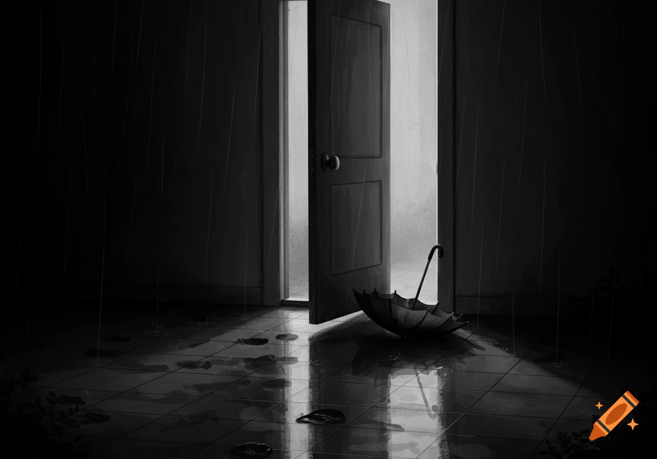 Black and white drawing of a dark room with an open door, rain falling, and an open umbrella on the wet floor.