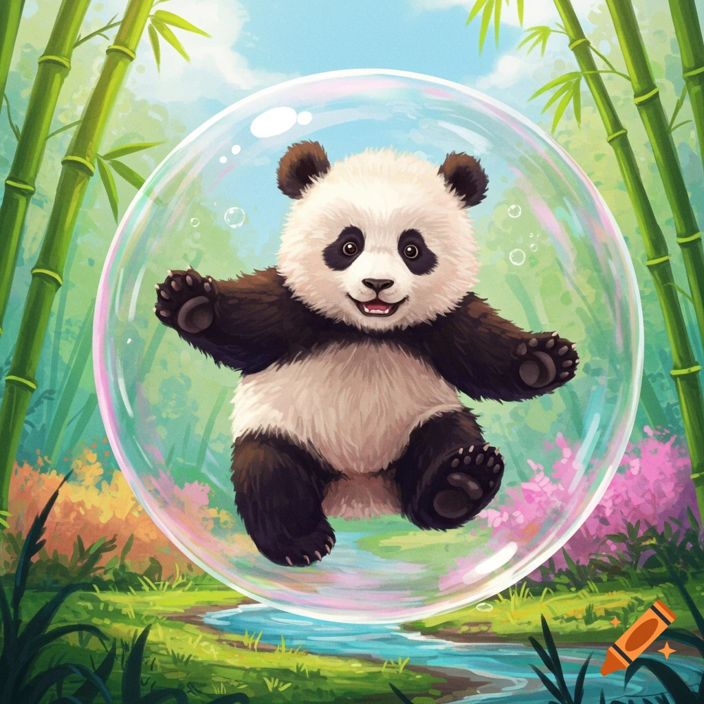 A cute panda floats inside a large bubble in a bamboo forest.