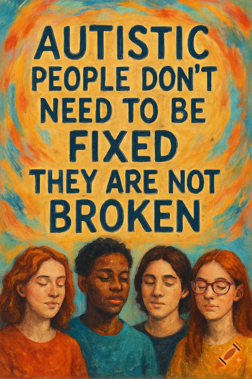 Four young people with eyes closed under large text saying 'Autistic people don't need to be fixed, they are not broken' in a painterly style.