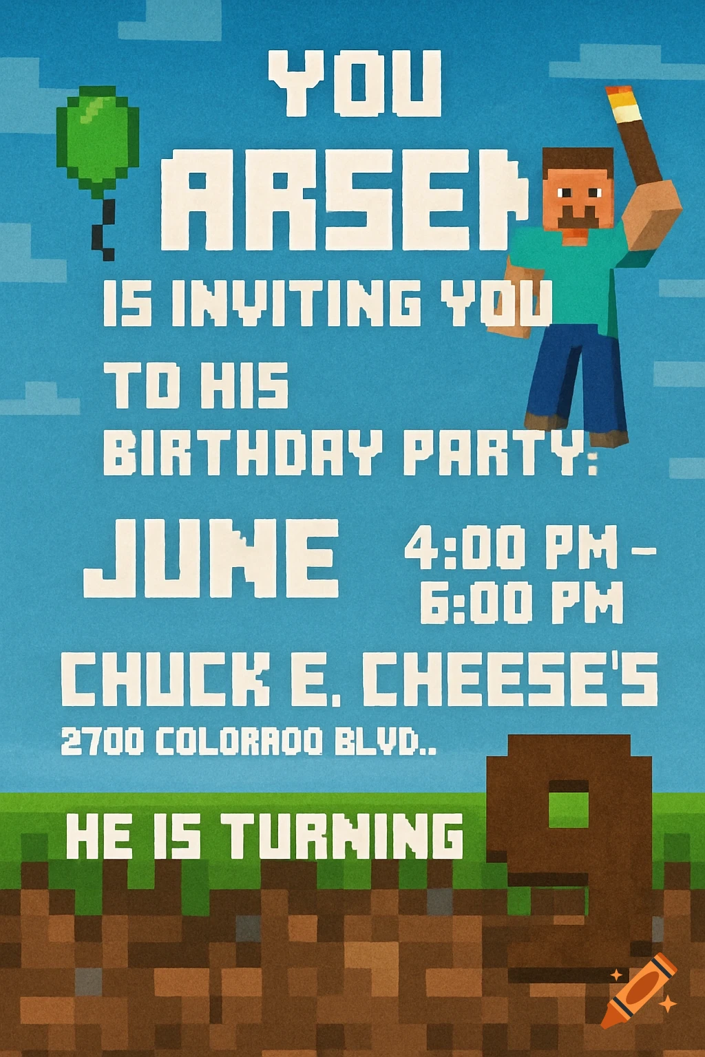 A Minecraft-style birthday invitation featuring pixelated text and a Minecraft character holding a torch.