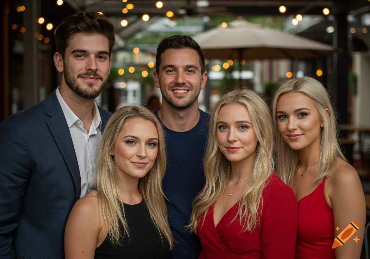 Group portrait of five young adults smiling outdoors with string lights overhead.